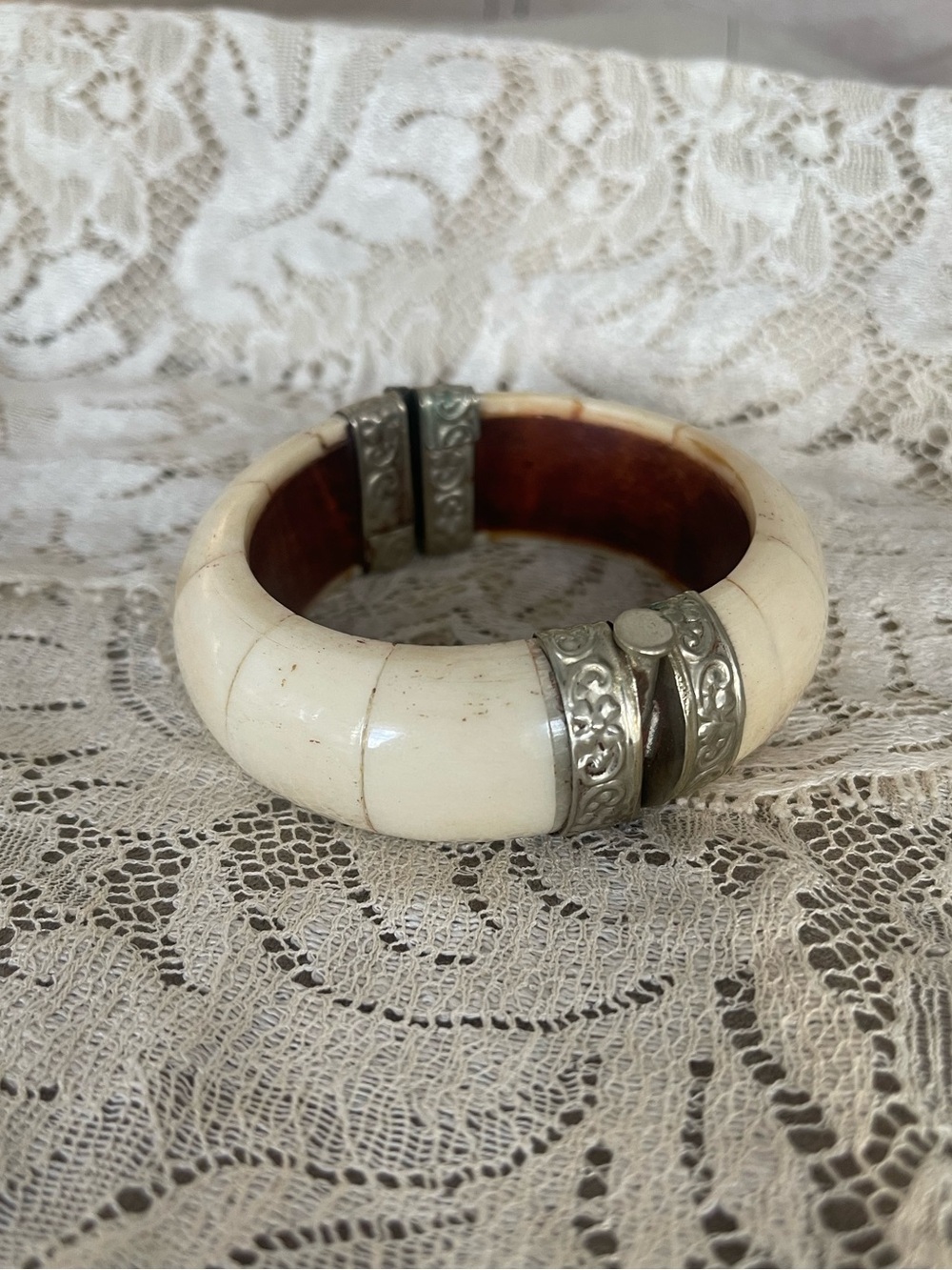 Vintage Bovine Bone Bangle with Ornate Silver-Tone Accents